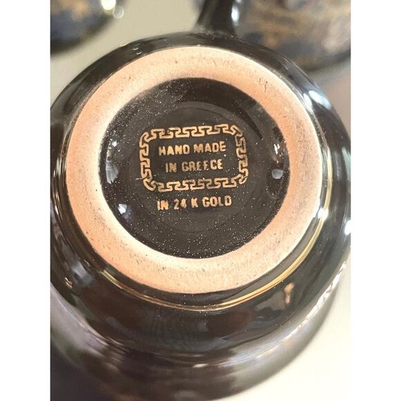 24k Gold Greek Krete Demistasse Teacups & Saucer Handmade in Greece Black/Gold - Picture 4 of 9